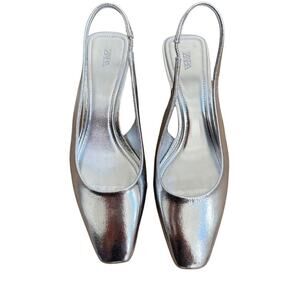 Zara Slingback Square Toe Heels Silver Metallic 7